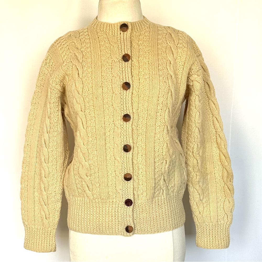 VTG ROUND TOWER HAND MADE PURE WOOL CABLE KNIT FISHERMAN CARDIGAN SWEATER SzM/38